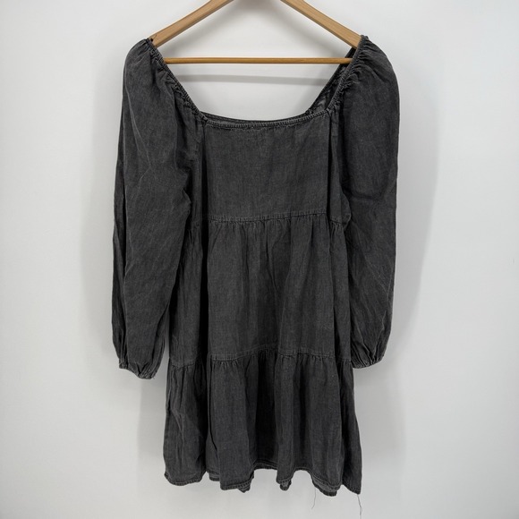 Flying Tomato Med Gray Mini Dress Smocked Puff Sleeve Peasant Cottagecore Boho - Picture 2 of 4